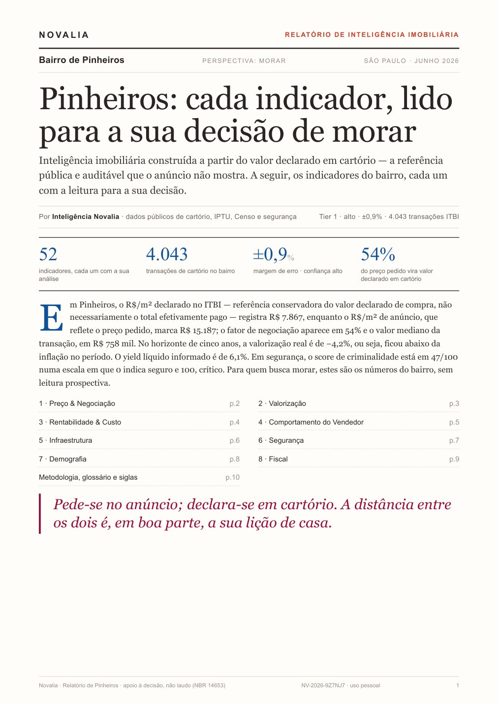 Capa do relatório de inteligência imobiliária da Novalia para o bairro de Pinheiros